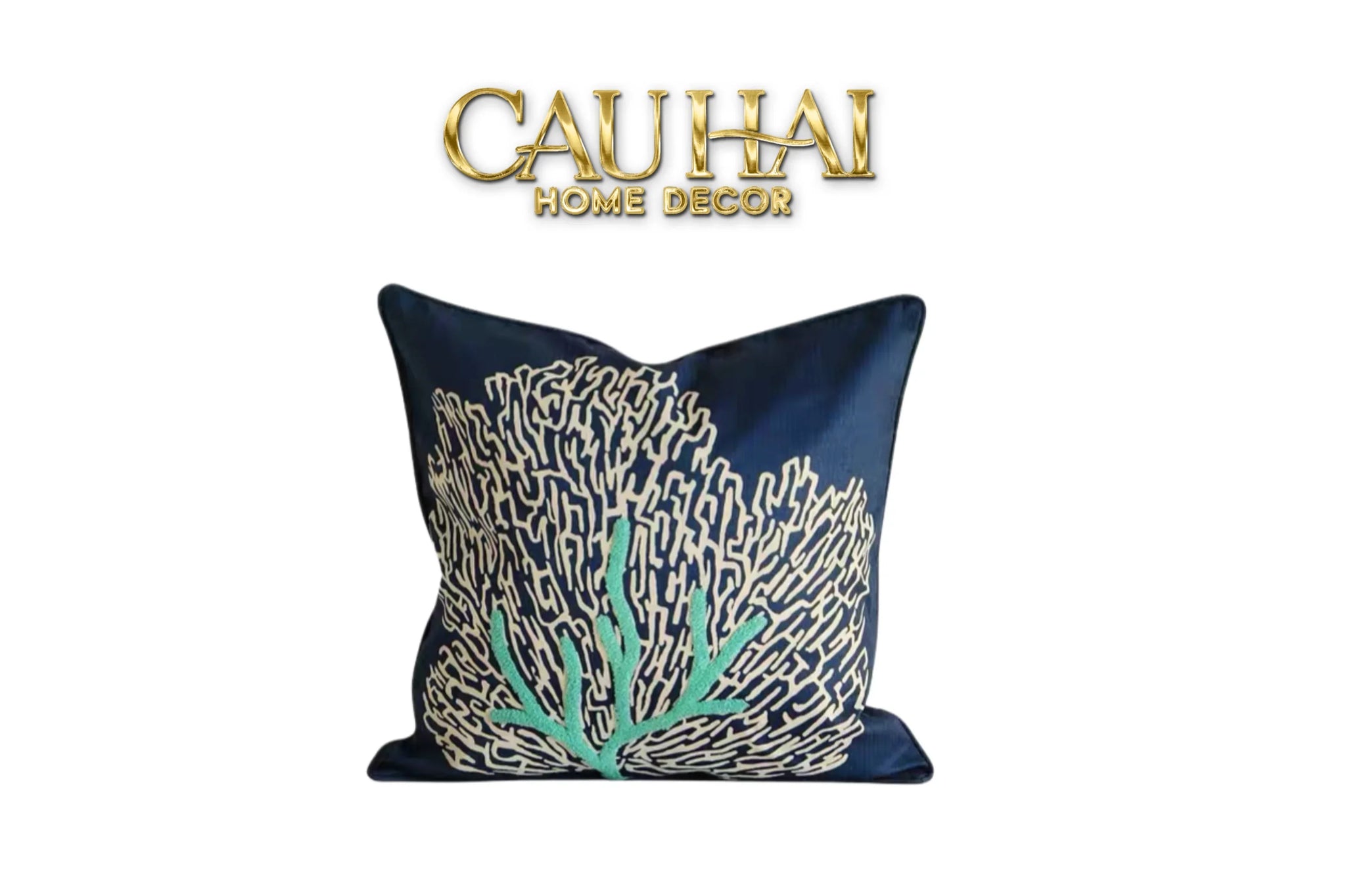 Vỏ Gối Thêu San Hô - Coral Embroidery Navy 45-VỎ GỐI-CẬU HAI HOME DECOR