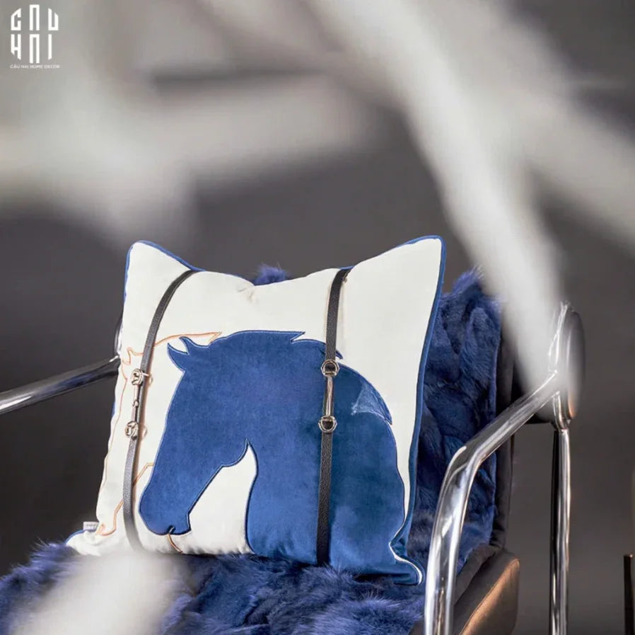 Vỏ Gối Velour Ivoire Perlé Royale Équestre Bleu Harness 45-VỎ GỐI-CẬU HAI HOME DECOR