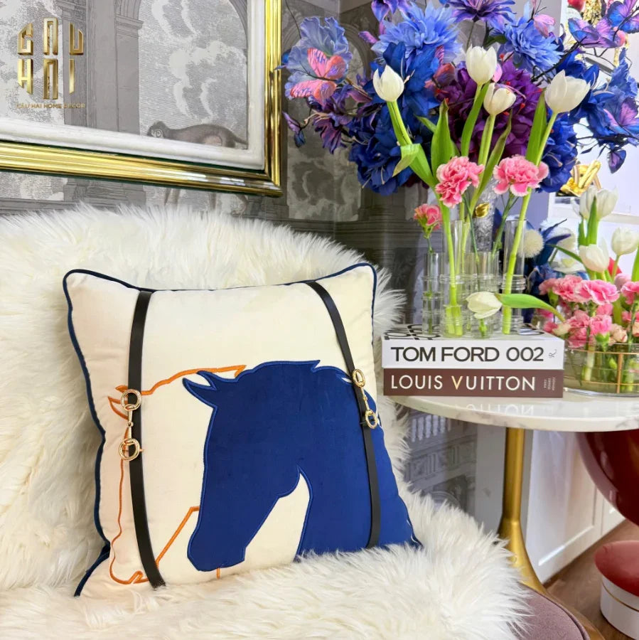 Vỏ Gối Velour Ivoire Perlé Royale Équestre Bleu Harness 45-VỎ GỐI-CẬU HAI HOME DECOR