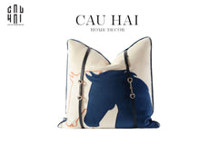 Vỏ Gối Velour Ivoire Perlé Royale Équestre Bleu Harness 45-VỎ GỐI-CẬU HAI HOME DECOR